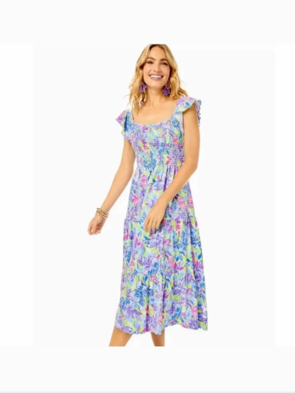 Lilly Pulitzer Jilly Smocked Knit Midi Dress in Dew Drop Stay Fly print